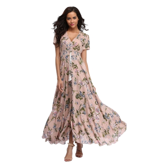 Dresses & Skirts - Maxi Light Peachy Pink Floral Cap Sleeve V Neck Dress, S